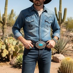 New Men Silver Metal Buckle Native Ethnic Aztec Style Oval Turquoise Blue Color