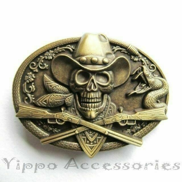 Skull Cowboy w/ Rifle Bronze Western Metal Fashion Belt Buckle