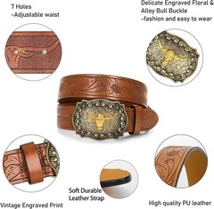 Western Cowboy-Belts for Men Big-Buckle Longhorn-Bull PU-Leather Rodeo Cowgir…