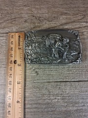 Vintage Bergamot Brass belt buckle 1984 Gold Miner, silver color Made in USA 23f