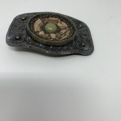 Western Belt Buckle Mens Gray Floral Metal Beaded Stone Mosaic Cowboy Rustic