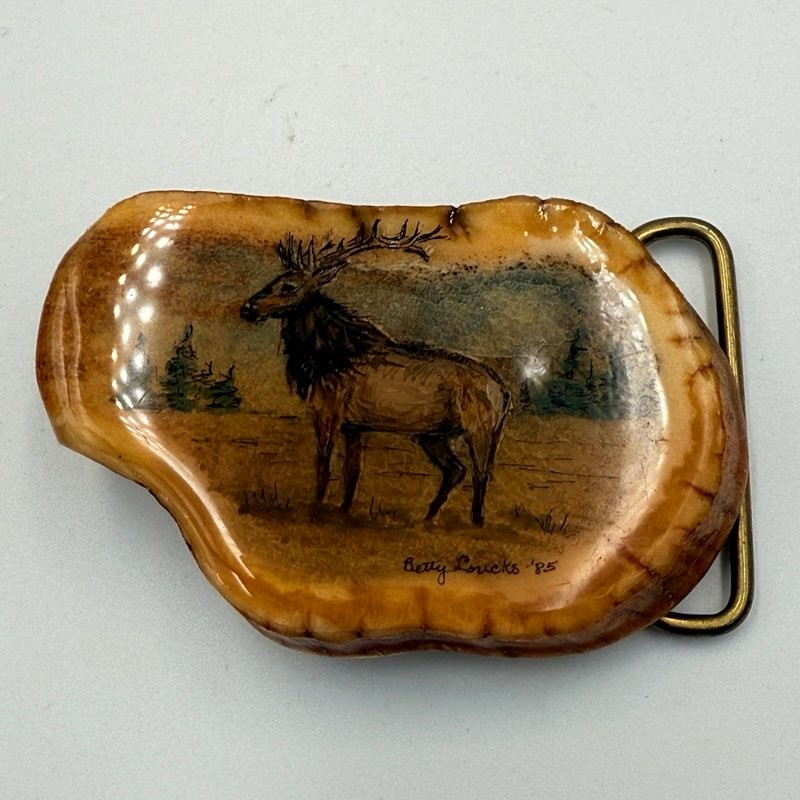 Betty Loucks Belt Buckle Brown Hand Painted Elk Antler Vintage 1985