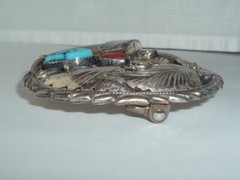 SIGNED R. BEGAY NAVAJO STERLING TURQUOISE CORAL BELT BUCKLE