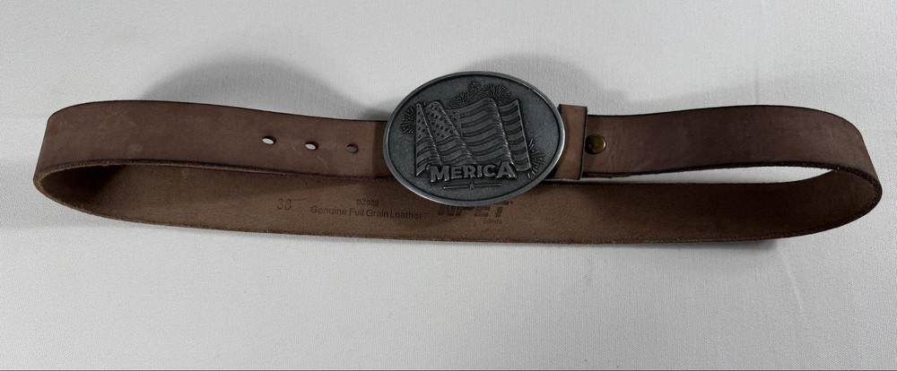 BevBuckle Belt Buckle Mens Brown Leather Merica American Flag USA Western Oval