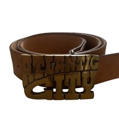 Atlantic City Brass Belt Buckle Brown Faux Leather Belt 1 1/2” Sz Large 36-45