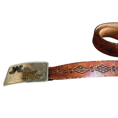 Mens VTG Brown Tooled Leather 38&Prime; Belt Meremac Caverns  » W » + Wagon On Buckle