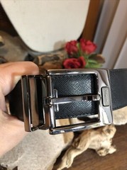 Salvatore Ferragamo Gun Metal tone Rectangle Buckle black leather belt