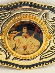 Vintage 1980’S Elvis Presley Belt Buckle Metal Filligree with Photo Made in USA