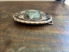 Green Stone Belt Buckle Western Silver Engraved Cowboy Rodeo Style Design