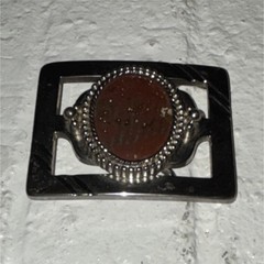 Vintage Silver Metal Western Belt Buckle Rectangular with Brown Stone Accent Men