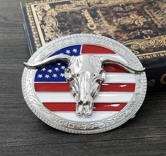 US Flag Western Longhorn Bull Horns Skull Enamel Belt Buckle Western Rodeo