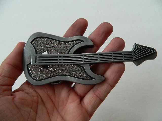 ELECTRIC GUITAR BELT BUCKLE ZINC ALLOY, PEWTER & FAUX DIAMOND, 5.5&Prime;, 3D SCULPTED
