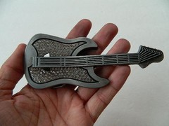 ELECTRIC GUITAR BELT BUCKLE ZINC ALLOY, PEWTER & FAUX DIAMOND, 5.5&Prime;, 3D SCULPTED