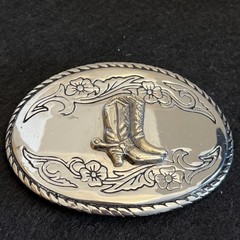 Silver Toned Oval Engraved Western Style Belt Buckle Boots Spurs 3”