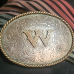 Western Oval Floral Engraved Belt Buckle Silver/Gold Raised W Monogram 1.5&Prime;