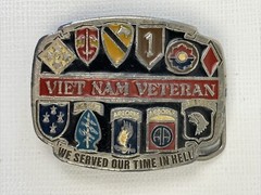Vietnam Veteran Belt Buckle Enamel “WE SERVED OUR TIME IN HELL” Preowned