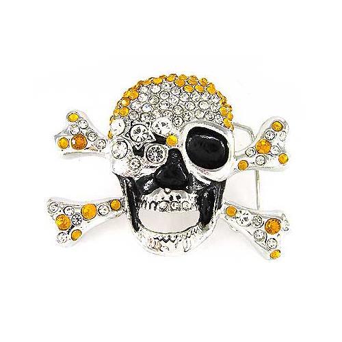 Skeleton Skull Cross Bones Topaz & Clear Crystal Rhinestone Fashion Belt Buckle