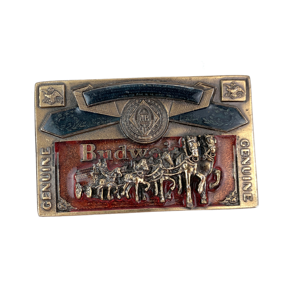 1982 Budweiser 3D Belt Buckle Clydesdales Antique Metal Colored Enamel Vintage