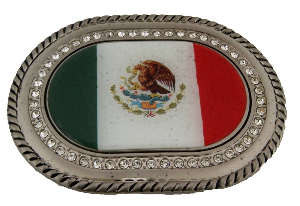 Mexico Country Flag Belt Buckle Western Rodeo HEBILLA Vaquero Silver Rhinestones