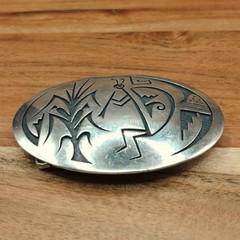 Hopi Pueblo Mitchel Sockyma MS Kokopelli Overlay Sterling Silver Belt Buckle