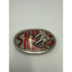 Vintage 1976 Bergamot Brass Works Skiing Belt Buckle Red Enamel Skier I-85
