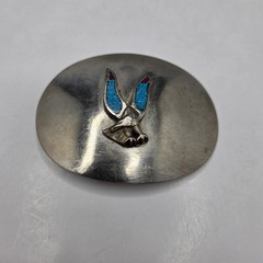 Vintage Belt Buckle Eagle Turquoise Red Chip Inlay Oval Silver Tone Western G7