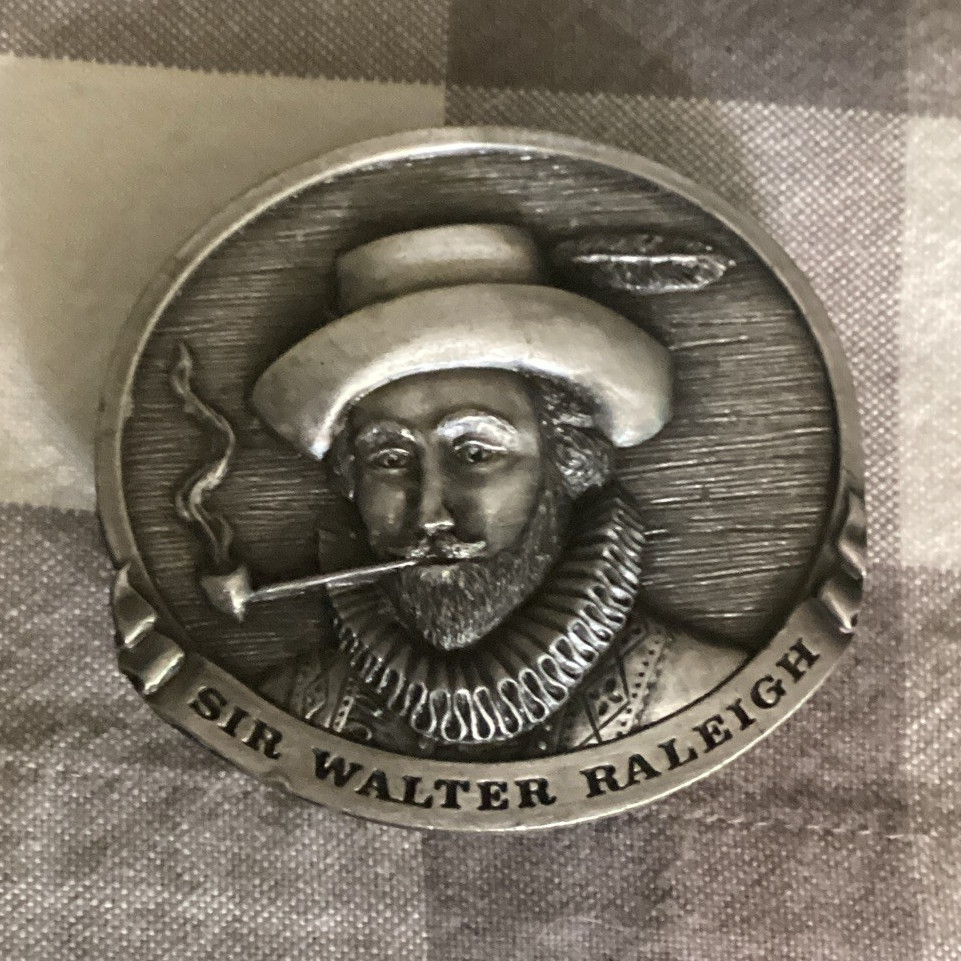 Bergamot Brass Works Sir Walter Raleigh Belt Buckle Antique Finish Silver 1982