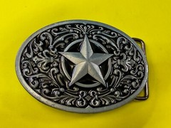 Centered Lone Star Fleur De Lis Design Swirl Silver & Balck Color Belt Buckle