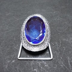 Blue Sapphire Belt Buckle Silver Plated Filigree Western Boho Statement Men