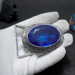 Blue Sapphire Belt Buckle Silver Plated Filigree Western Boho Statement Men