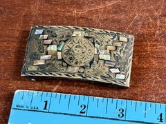 Vintage Victoria Mexico Alpaca Silver Abalone Inlay Aztec Calendar Belt Buckle