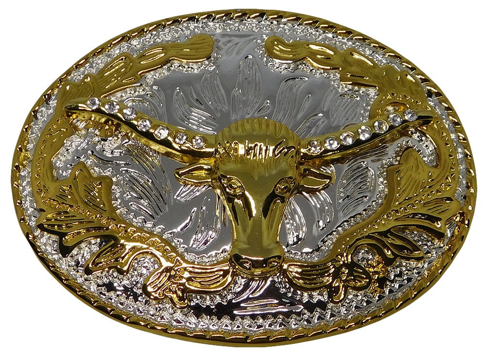 Texas Long Horn Oval Silver & Gold Diamond Belt Buckle (3-7/8&Prime; x 2-7/8&Prime;)