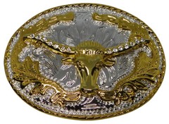 Texas Long Horn Oval Silver & Gold Diamond Belt Buckle (3-7/8&Prime; x 2-7/8&Prime;)