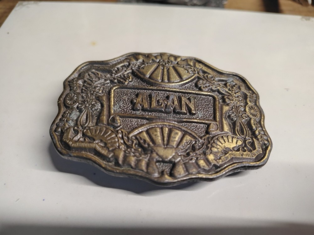Vintage 1970s Belt Buckle Marked Alan by Oden Western Style Scalloped Edge Brass