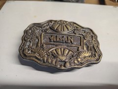 Vintage 1970s Belt Buckle Marked Alan by Oden Western Style Scalloped Edge Brass