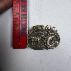 Vintage 80&rsquo;s 1985 UTAH Deer Elk Trout C+J Oval Belt Buckle Pewter Made in USA