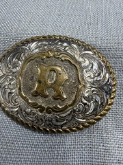 Vintage Crumrine Initial R Western Belt Buckle Silver Plate Bronze USA