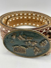 Vtg 1984 Arroyo GrandeBelt Buckle Hawaii Islands w Brown Tru-West Rockmount Belt