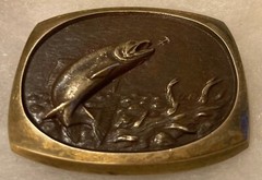 Vintage 1984 Metal Belt Buckle, Fish, Fishing, Steven L. Knight, Solid Bronze, N