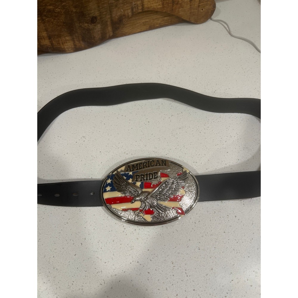 Large 6×4” American Pride belt buckle with black leather belt Eagle flag