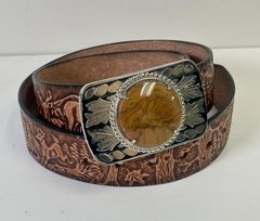 Vtg Tooled Leather Western Belt & Brown Stone BUCKLE 30/34 Small Deer Woods USA