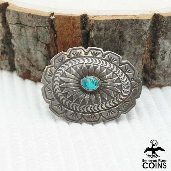 Vintage Southwestern Etched Silver & Turquoise Bolo Tie Knot