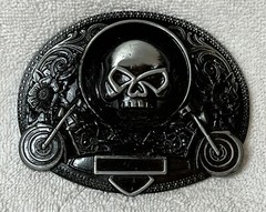 1999/Y2K Roses Motorcycle & Skull Distressed X3 Metal Belt Buckle Black Oval Vtg