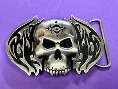 Skull with Flames Cutout Silver & Black Color Silver Moon Creations Belt Buckle