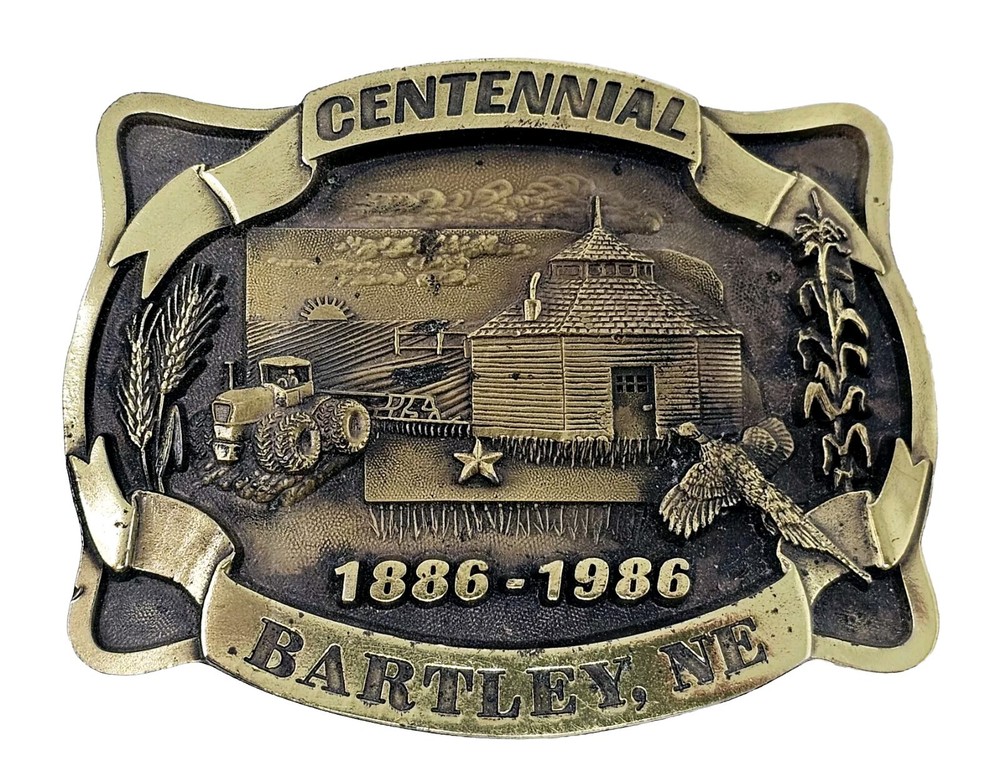 Bartley Nebraska Centennial Belt Buckle 1886-1986 Homestead Farm Corn #176/300