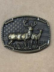Belt Buckle Bronze Metal Deer Hunter Western USA Flag Background Patriotic