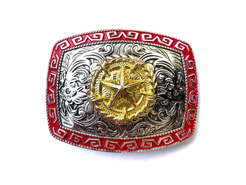 Western Buckle Gold Silver Red Texas Star Cowboy 2 » Hebilla Vaquero Estrella
