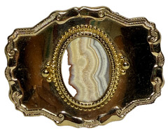 Vintage Western Belt Buckle Banded Agate Stone Gold Tone Cowboy Southwestern
