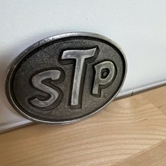 STP Logo Oval Metal Frame Belt Buckle Gray Black Antique Finish PB-310