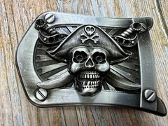Pirate Skull Crossbones with Crossed Swords 3D Raised Silver Tone Belt Buckle